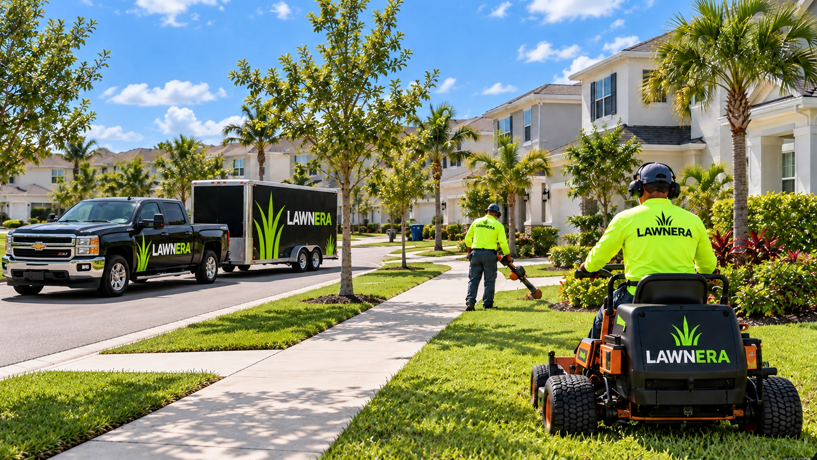 Two Lawnera crew members mowing and trimming a Florida front lawn, with the branded truck and trailer parked at the curb
